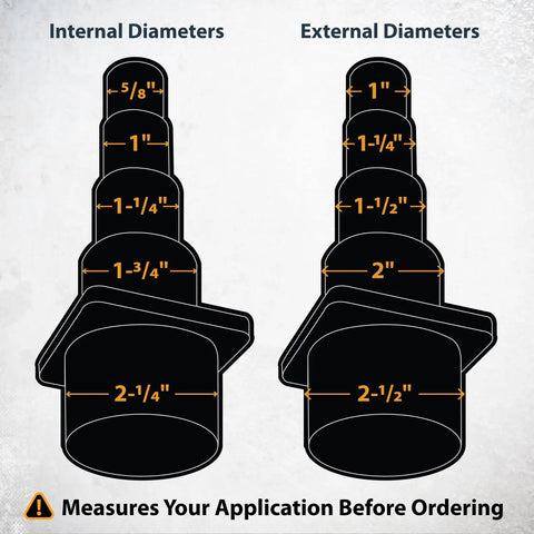 Diagram showing internal and external diameters of step adapter for shop vac and wet dry vacuums with size measurements.