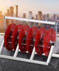 Heavy Duty 5 Rod Wire Spool Rack with dispenser and ribbon organizer, sturdy steel pipe, red spools visible