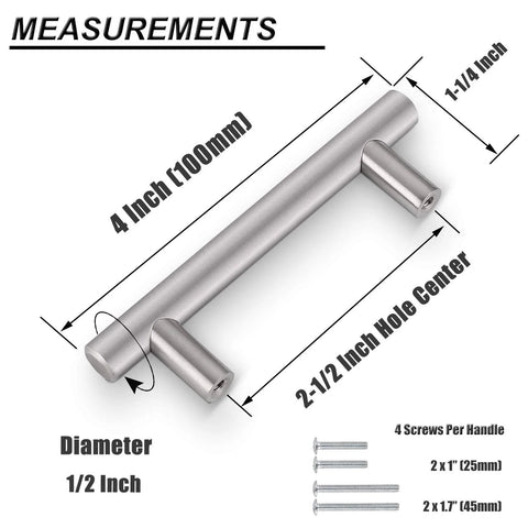 Solid Brushed Nickel Stainless Steel Kitchen Cabinet Handles 2-1/2 Inch Center To Center 64mm 4 Inch T Bar Pulls measurements diagram