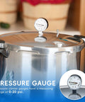 Pressure cooker gauge on stainless lid; replacement gauge for Presto canners, 0-20 psi.
