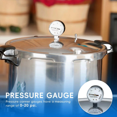 Pressure cooker gauge on stainless lid; replacement gauge for Presto canners, 0-20 psi.
