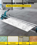 48-inch manual tile cutter with laser guide; teal frame and tungsten wheel, shown with four tile samples.