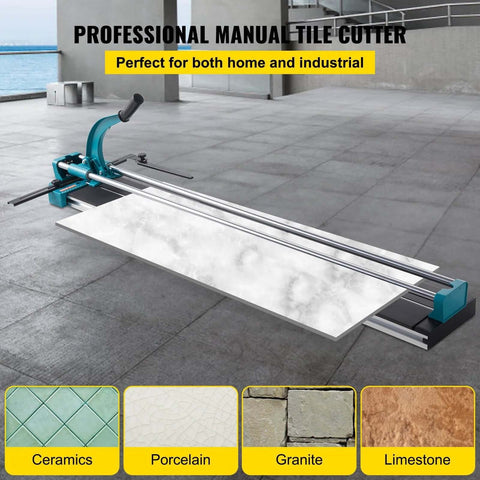 48-inch manual tile cutter with laser guide; teal frame and tungsten wheel, shown with four tile samples.