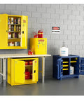Rock Solid 15 Gallon Flammable Safety Storage Cabinet With Self Closing Red Door Built Tough For Secure Paint Thinner Solvent And Gas Can Stash At Home Or Work in a workshop setting with yellow and blue cabinets.