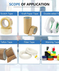 Various tapes including scotch, kraft paper, double-sided, teflon, fiber, and warning tape for automatic tape dispenser use.