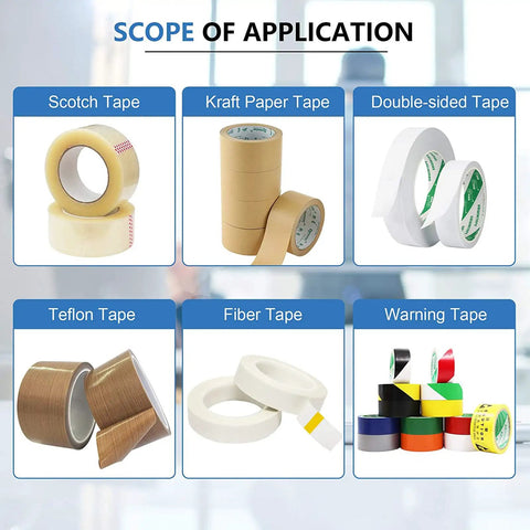 Various tapes including scotch, kraft paper, double-sided, teflon, fiber, and warning tape for automatic tape dispenser use.