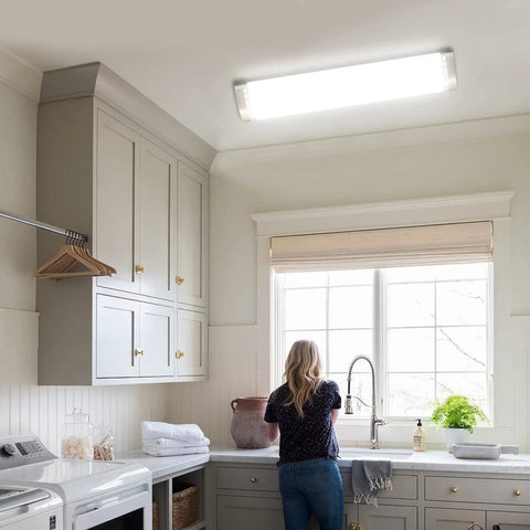 Dimmable 2 Foot LED Flush Mount Ceiling Light 20W 2200lm Cool White 4000K Kitchen Fixture Four Pack Energy Saving Easy Wall Switch Dimming Bright Modern Lighting installed in a kitchen ceiling.