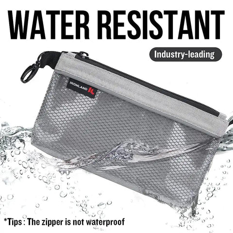 Water-resistant gray Premium Small Tool Pouches With Zipper Waterproof 1680D Pouch Bags for men, shown with water splash.