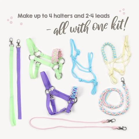DIY Hobby Horse Halter Kit For Stick Horses, Create Head Collars, Rope Halters And Reins With Pastel Colors, Includes Digital PDF Instructions, Sizable Kit To Make 3-5 Halters, All Materials Included. Colorful pastel head collars, leads, and reins displayed on white background.