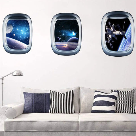 3D Planet Universe Galaxy Space Wall Decals Set With Spacecraft And Astronauts Peel And Stick Removable PVC Wall Murals on living room wall