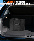 Road Ready Portable Ev Charger Level 1 And 2 With 20 Foot Cord 16 Amp J1772 Plug in a black portable charging bag in a car trunk.