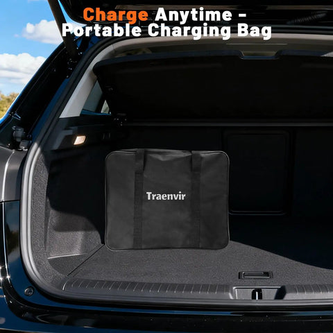 Road Ready Portable Ev Charger Level 1 And 2 With 20 Foot Cord 16 Amp J1772 Plug in a black portable charging bag in a car trunk.