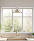 Industrial Farmhouse Nautical Pendant Light With Round Fresnel Lens above kitchen sink, natural light through window