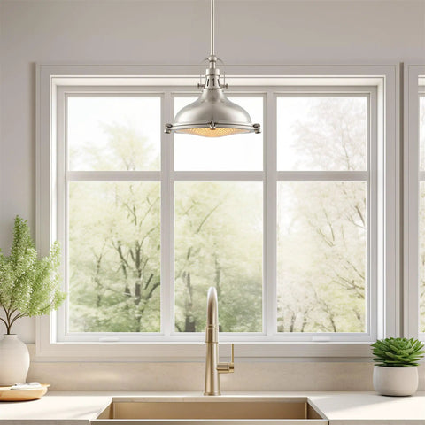 Industrial Farmhouse Nautical Pendant Light With Round Fresnel Lens above kitchen sink, natural light through window