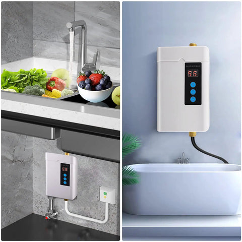 Under Sink Tankless Electric Water Heater 110V 3000W On Demand Instant Hot Water For Kitchen And Bathroom, Adjustable Temperature 28 To 55 C, Safe Fast Heating, Compact White Unit next to kitchen sink and bathtub setup.