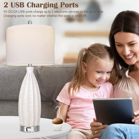 27 Inch Ceramic Table Lamp Set Of 2 With USB Port 3 Color Temperature White Rattan Texture on table with mother and child