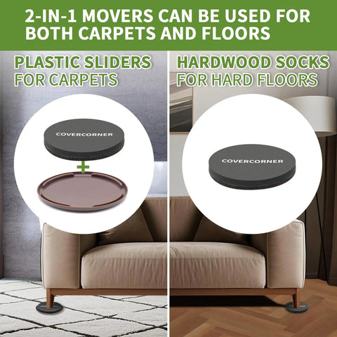 Eight Piece Two In One Furniture Sliders Set For Carpet And Hardwood Floors, showing plastic sliders for carpet and felt socks for hardwood.