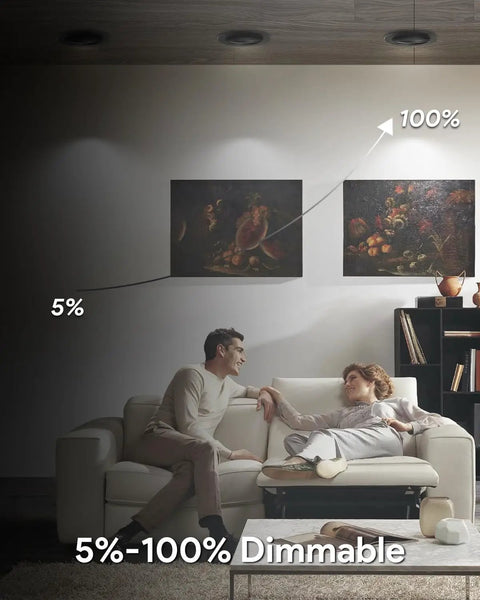 Living room with 4 Inch Gimbal LED Recessed Lights Dope 5CCT Dimmable Eyeball Can Lights showing dimming range from 5% to 100%