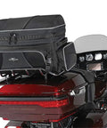 Route 1 Traveler Tour Trunk Bag For Motorcycles Ride Ready With UltraMax Fade Resistant Fabric And Lifetime Warranty Water Resistant Black Carryall Fits Harley Davidson Ultra Indian Roadmaster Honda Gold Wing Touring Bikes mounted on Harley motorcycle