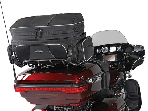 Route 1 Traveler Tour Trunk Bag For Motorcycles Ride Ready With UltraMax Fade Resistant Fabric And Lifetime Warranty Water Resistant Black Carryall Fits Harley Davidson Ultra Indian Roadmaster Honda Gold Wing Touring Bikes mounted on Harley motorcycle