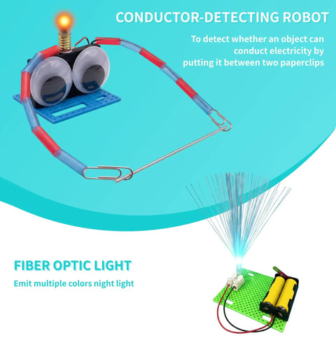 Hands On Electric Circuit Kit For Kids And Students 8 Experiments In 7 Sets With Series And Parallel Circuits Seawater Power Fruit Batteries Beginner Friendly Electrical Science Projects conductor-detecting robot and fiber optic light