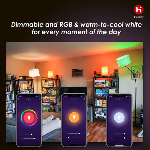 Living room with smart lighting controlled by app, showcasing Smart Candelabra LED Bulb 40W Equivalent, WiFi Enabled, RGB color changing.