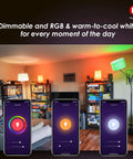 Living room with A19 Smart LED Light Bulbs, works with Alexa and Google Home, showing RGB color and dimming on smartphone apps.
