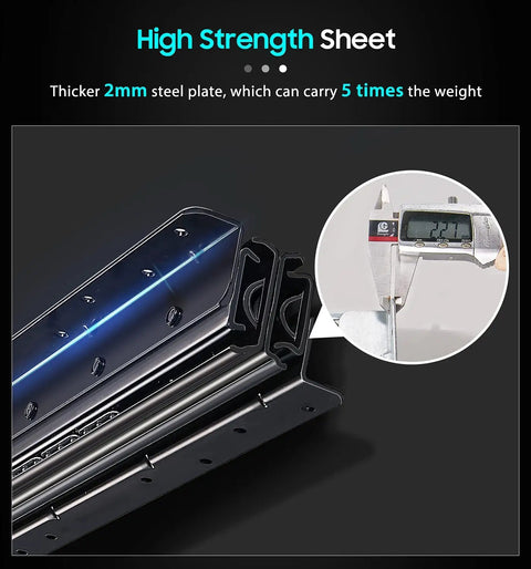 Close-up of Undermount Heavy Duty Full Extension Drawer Slides Black 32 Inch, showing thickness measurement with calipers, durable metal rails.