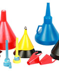 10 Piece Funnel Set For Garage And Shop With All The Gear You Need For Oil Fuel And Other Automotive Fluids Perfect For Quick Transfers And Maintenance Tasks, showcasing various funnel sizes and colors.