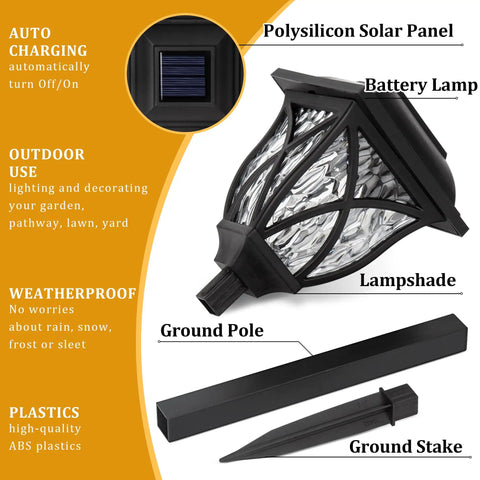 Six Pack Solar Outdoor Lights with frosted lampshade, poly silicon panel, ground stake; waterproof LED garden decor
