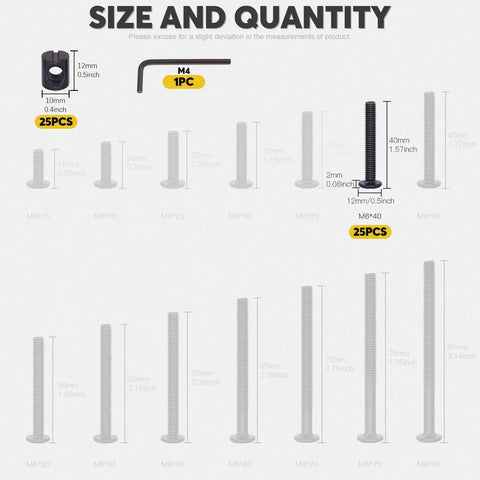 Fifty Piece M6 X Forty Millimeter Black Zinc Plated Hex Socket Crib Bolts With Matching Barrel Nuts And Hex Key For Rock Solid Furniture And Bed Frame Setup sizes and quantities diagram