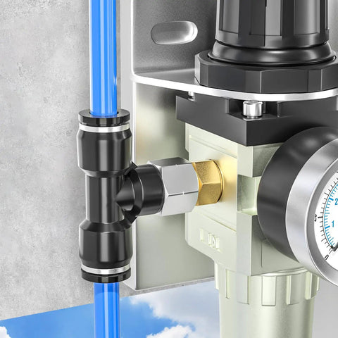 Installed Push To Connect Female Branch Tee Fittings 1/4 Inch Tube OD To 1/4 Inch NPT Thread for pneumatic systems, plastic and copper