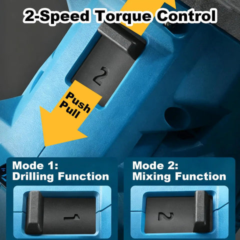 Close-up of 2-speed torque control on No Fuss 2 In 1 Cordless Drill And Mixer Boasts A Slick 180 Degree Swivel Handle And Snappy 2 Speed Torque For Easy Mortar Grout Mixing Or Rugged Wood Drilling Jobs In Bright Blue.