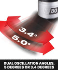 AW400 F80 Sonicrafter 4.2 Amp Oscillating Multi Tool showing dual oscillation angles of 5 degrees and 3.4 degrees in red arrows