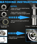 Diagram showing Two Piece 1 Inch Trailer Hub Bearings Kit With L44643 L44610 Bearings, D Style Tang Washers, Spindle Instructions