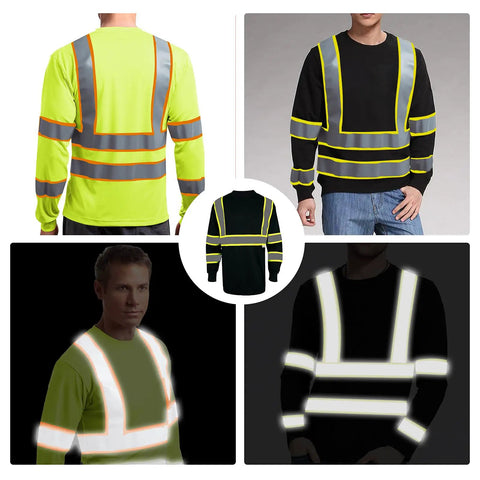 Hi Vis Long Sleeve Safety Shirt 3 Pack With 360 Degree Reflective Strips Breathable Black Unisex Work Shirt for Cycling use display