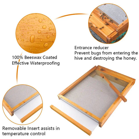 Two Pack Beehive Screened Bottom Boards for Langstroth Hives 10 Frame, Beeswax Dipped Cedar Wood with Entrance Reducer details