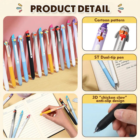 16 Penguin Pens With 0.5mm Retractable Tips displayed on desk, featuring cute 3D toppers, for fun desk accessories in office supplies.