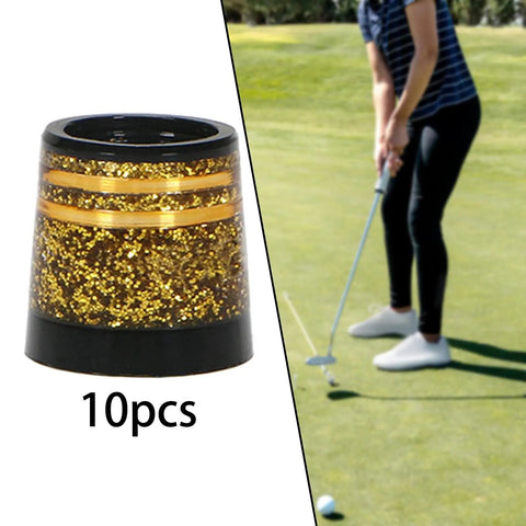 10 Pack Tapered Golf Iron Ferrules Glitter Inner Gold Finish 0.370 Sleeve For Tapered Shaft Wedge Iron Club shown on grass