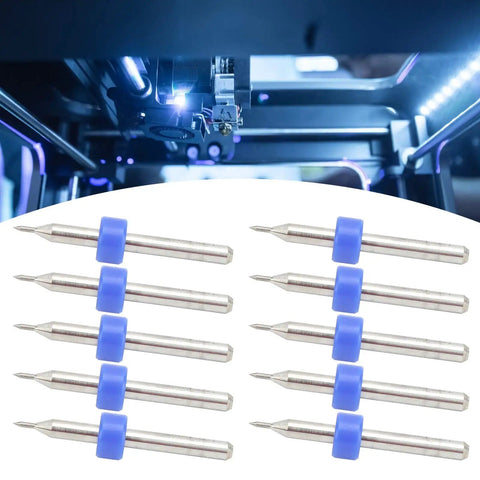 Ten Pack 0.1mm Tungsten Carbide Nozzle Cleaning Needles For 3D Printer Nozzle Clogs CNC PCB And SMT Circuit Board Repair Tool Kit Built For Pro Grade Precision Cleaning And Easy Maintenance shown with 3D printer setup in background.
