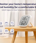 Zigbee Indoor Temperature And Humidity Sensor With LCD Display SNZB-02D Smart Hygrometer Works With Alexa And Google Home For Real Time Remote Monitoring And Home Automation ZigBee 3.0 Hub Required 1 Pack on wooden table
