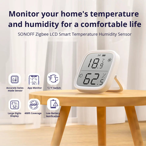 Zigbee Indoor Temperature And Humidity Sensor With LCD Display SNZB-02D Smart Hygrometer Works With Alexa And Google Home For Real Time Remote Monitoring And Home Automation ZigBee 3.0 Hub Required 1 Pack on wooden table