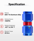 Swivel 6AN Female To 6AN Female Fitting Adapter Aluminum Red And Blue For High Pressure Hydraulic And Fuel Lines With 9/16-18 UNF Threads 1500 PSI Rating Operating From -40 To 250 Degrees F, blue and red aluminum adapter