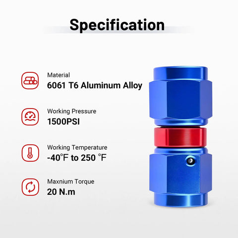 Swivel 6AN Female To 6AN Female Fitting Adapter Aluminum Red And Blue For High Pressure Hydraulic And Fuel Lines With 9/16-18 UNF Threads 1500 PSI Rating Operating From -40 To 250 Degrees F, blue and red aluminum adapter