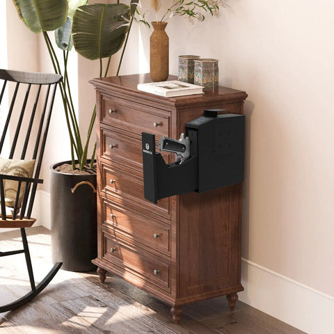 Quick Draw Concealed Handgun Safe With Smooth Slider Design And Hidden Fingerprint Lock For Nightstand Or Wall Mounting with handgun visible.