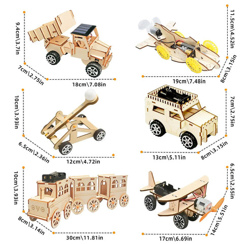 Six In One Wooden STEM Car Building Kit with solar helicopter and wind powered car for kids ages 8 to 14 learn engineering principles.