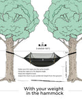 Diagram showing setup of 3 In 1 Camping Hammock Tent With Mosquito Net And Rain Fly, between two trees, height and angle instructions included.