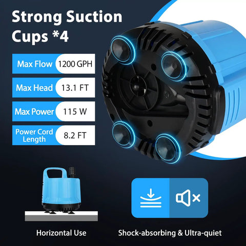 Blue Heavy Duty Submersible Water Pump 1200 GPH 115W for large tanks with strong suction cups and 8.2-ft cord.