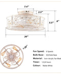 20" Flush Mount Caged Ceiling Fan with Remote, Retro White Floral Iron Low Profile Fan Light Fixture, Bulbs Not Included, dimensions shown.