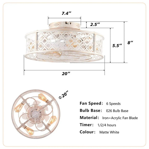 20" Flush Mount Caged Ceiling Fan with Remote, Retro White Floral Iron Low Profile Fan Light Fixture, Bulbs Not Included, dimensions shown.